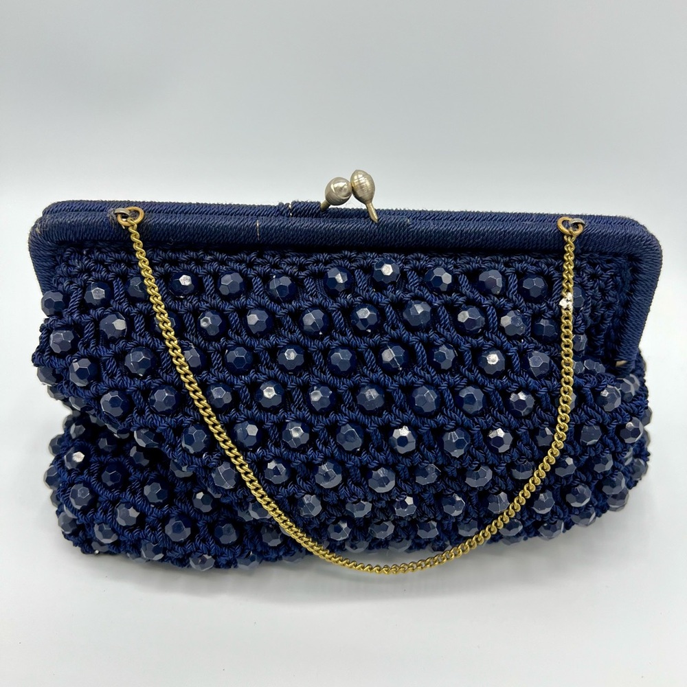 Elegant Vintage Navy Beaded Clutch with Gold Chain